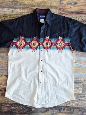 Vintage Wrangler Aztec Navajo Pearl Snap Brushpoppers Western Shirt Pocket